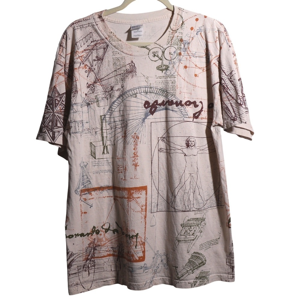VTG 00s Leonardo Da Vinci Vitruvian Man Graphic T-Shirt Mens L Academia Art Gift
